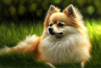 Spitz dog rests on a lush lawn. Generative AI