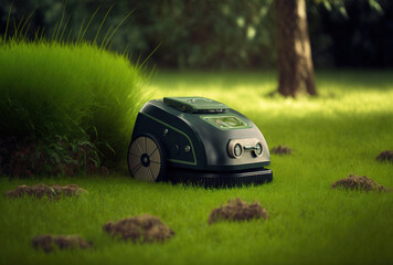 The lawn in a garden is mowed with a robotic lawnmower. Generative AI
