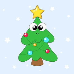 Christmas trees decorated with Christmas balls with garlands. Cute cartoon characters. A Christmas tree with eyes. Symbols of a Merry New Year and Christmas. Vector