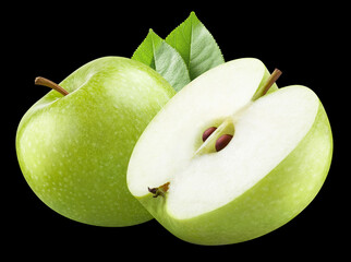 Green apples with leaves, isolated on black background
