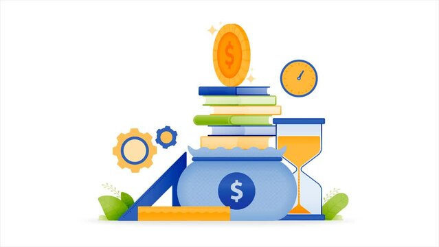 2d motion loop animation video about the merit education scholarship program. pile of books in a sack with spinning coins, clock, hourglass. can be for advertisements, apps and websites