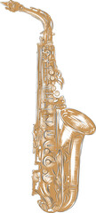 PNG engraved style illustration for posters, decoration and print. Hand drawn sketch of saxophone in colorful isolated on white background. Detailed vintage woodcut style drawing.	
