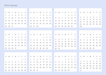 This is a simple style year planner with a year 12 month calendar for 2023. Note, scheduler, diary, calendar planner document template illustration.