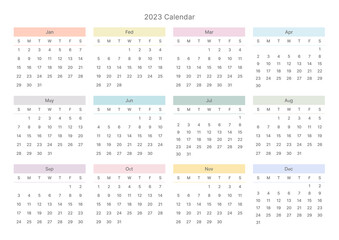 This is a simple style year planner with a year 12 month calendar for 2023. Note, scheduler, diary, calendar planner document template illustration.