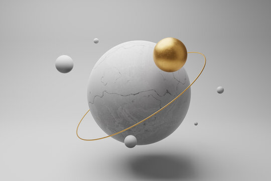 Abstract composition with balancing levitating spheres. 3D illustration in a clean minimalist style.
