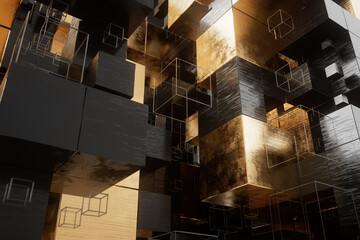 Abstract background with golden and black cubes. 3D illustration. Technology or construction concept.
