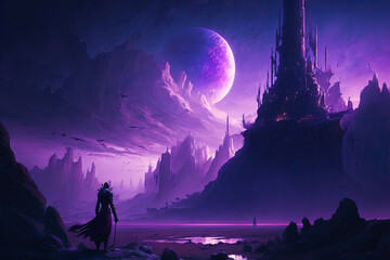 Fantasy-Fabel-Abenteurer in lila Landschaft mit Blick auf magischen Turm, Konzeptkunst. Fantasielandschaft, lebendige Farbe.