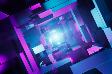Futuristic neon illuminated sci-fi tunnel. Concept 3D illustration.