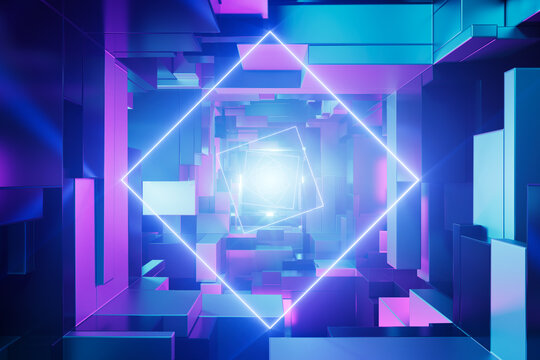 Futuristic neon illuminated sci-fi tunnel. Concept 3D illustration.