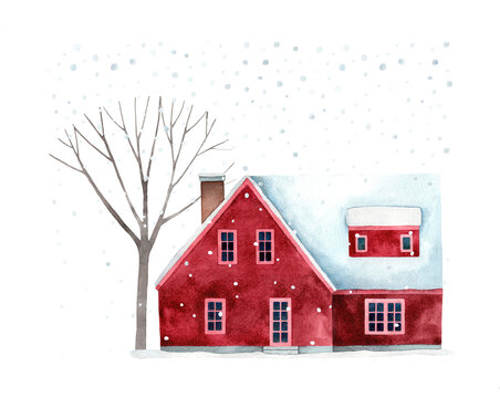 Watercolor hand painted Christmas scene with a winter red country house, snow, and trees. Isolated illustration on transparent background.