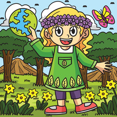Fototapeta na wymiar Earth Day Girl In Forest Colored Cartoon