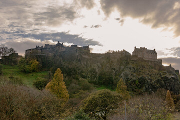 Fototapeta na wymiar Edinburgh Scotland 23 November 2022: A backlight view of Edinburgh Castle.