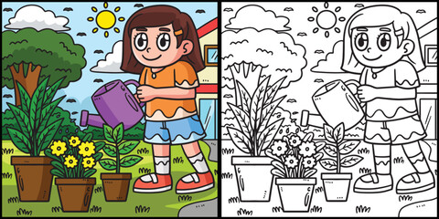 Earth Day Girl Watering Plants Illustration