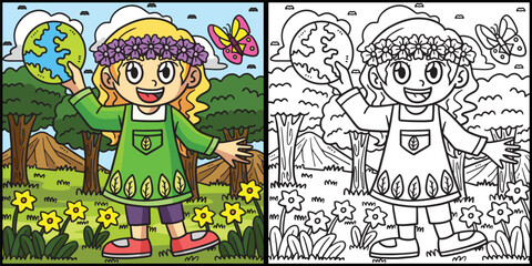 Earth Day Girl In Forest Coloring Illustration