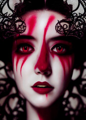 Fototapeta premium Beautiful girl with red face paint ,not a real person, made with Generative AI