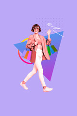 Creative photo 3d collage artwork poster postcard of happy young girl go supermarket spend waste money isolated on painting background