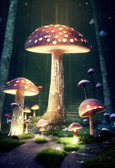 Glowing mushroom with fireflies in the magic forest ,made with Generative AI