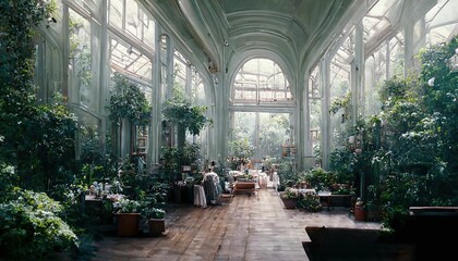 Overgrown greenhouse, conservatory with tropical plants ,made with Generative AI