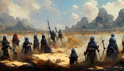 Cyber warriors in the desert. Samurai clan on alien planet ,made with Generative AI