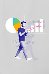 Creative photo 3d collage artwork poster of young freelancer distance work startup project increase salary isolated on painting background