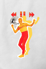 Creative photo 3d collage artwork poster postcard of energetic young person dancing enjoy nightlife isolated on painting background