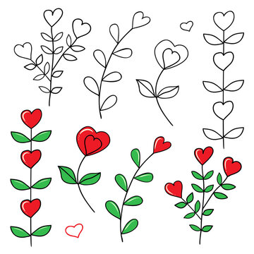 Illustration of plants with leaves and hearts. A set of vector black and color illustrations for Valentine's Day, birthday, March 8. Illustrations in the doodle style.
