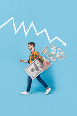 Creative photo 3d collage artwork of young worker move carry big usd banknote rate income fall down isolated on painting background