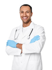Fototapeta premium Doctor or medical assistant (male nurse) in uniform with stethoscope on white background