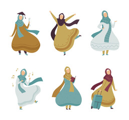 Muslim Woman in Hijab Engaged in Different Activity Vector Set