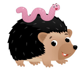 cartoon scene with cheerful hedgehog and a worm isolated illustration for children
