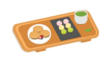 Dorayaki, dango and matcha tea with wooden serving tray