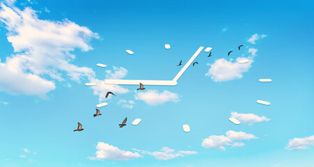 Fototapeta premium Time change, times fly fast concept, White Timing clock face and birds fly on blue sky background