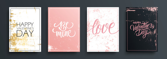 Valentines Day romantic cards set. Happy Valentine's Day, 14 February holiday lettering greetings with grunge textures collection. Vector Illustration.	