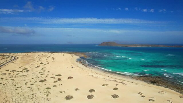 Corralejo  beach and view of Lobos island.  aerial drone video .Fuerteventura Canary islands of Spain