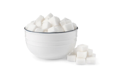Fototapeta na wymiar Bowl and refined sugar cubes on white background