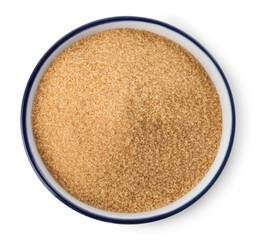 Bowl of granulated brown sugar isolated on white, top view