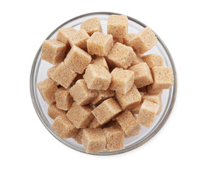 Glass bowl of brown sugar cubes isolated on white, top view