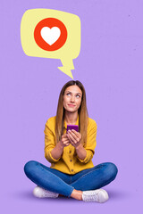 Vertical collage image of positive minded girl sit crossed legs hold use telephone think like...