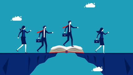 Knowledge creates opportunities. group of businessmen walks through a gap with books vector