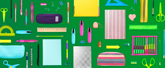 Flat lay composition with different school stationery on green background. Banner design