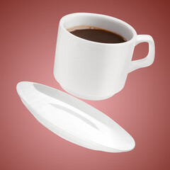 White cup of coffee levitating on color background