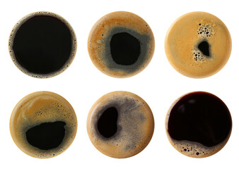 Many coffee drinks on white background, top view