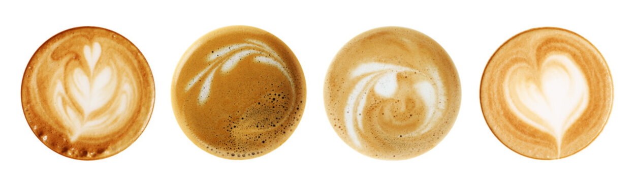 Latte art. Many coffee drinks on white background, top view. Banner design
