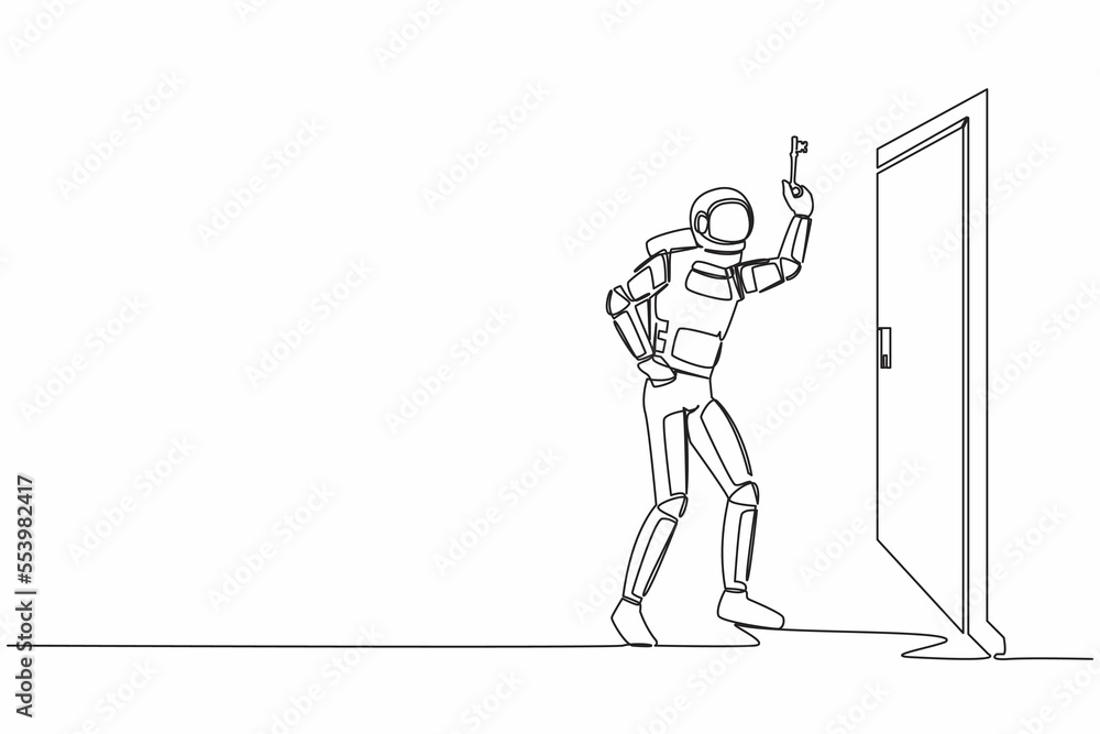Poster continuous one line drawing astronaut lifting key in front of door. spaceman hold key to open space 
