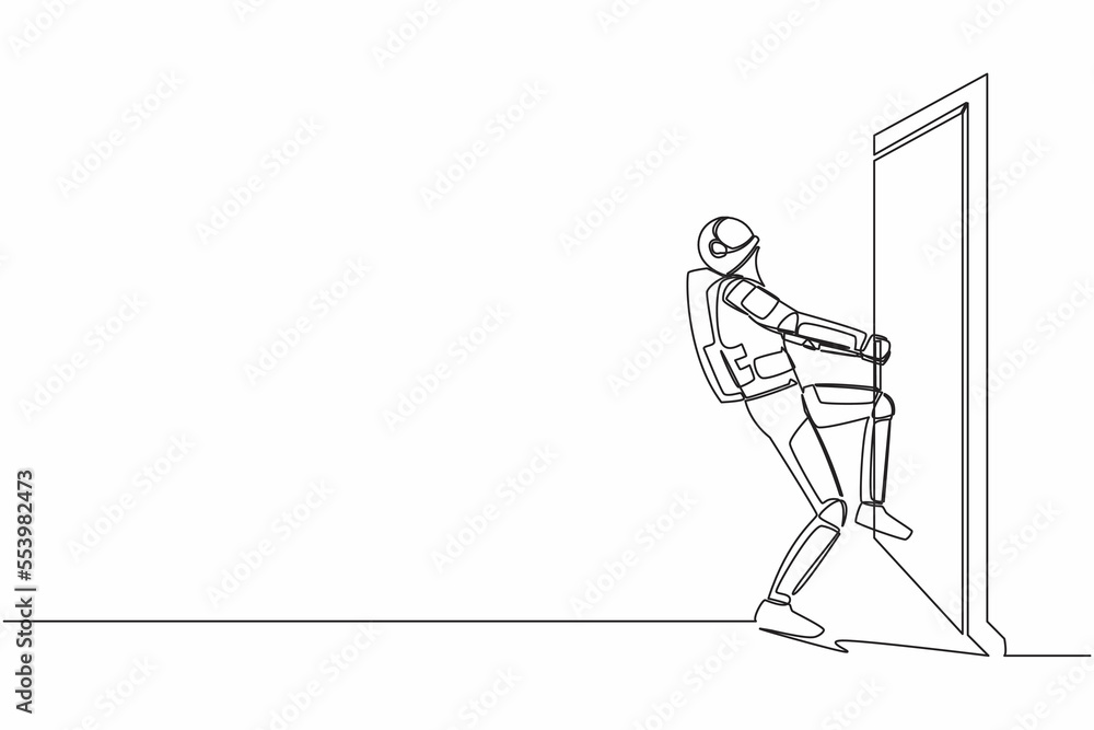 Poster single one line drawing astronaut pulling closed door knob with power, metaphor to facing problem. s