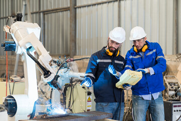 Two male engineer discuss and control robot arm welding at production line plant factory. Engineer...