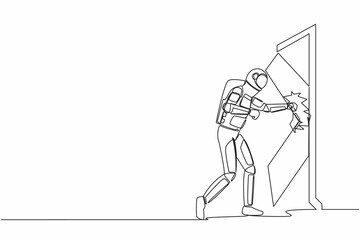 Continuous one line drawing astronaut punching and destroying door. Depicts eliminating barrier of entries, overcome challenges. Cosmonaut outer space. Single line graphic design vector illustration