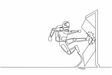 Single continuous line drawing of young astronaut kicks the door with flying kick until door shattered. Spaceman kicking locked door. Cosmonaut deep space. One line graphic design vector illustration