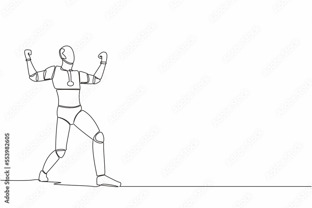 Poster single continuous line happy robot standing with raised his clenched fist hands. future robotic deve