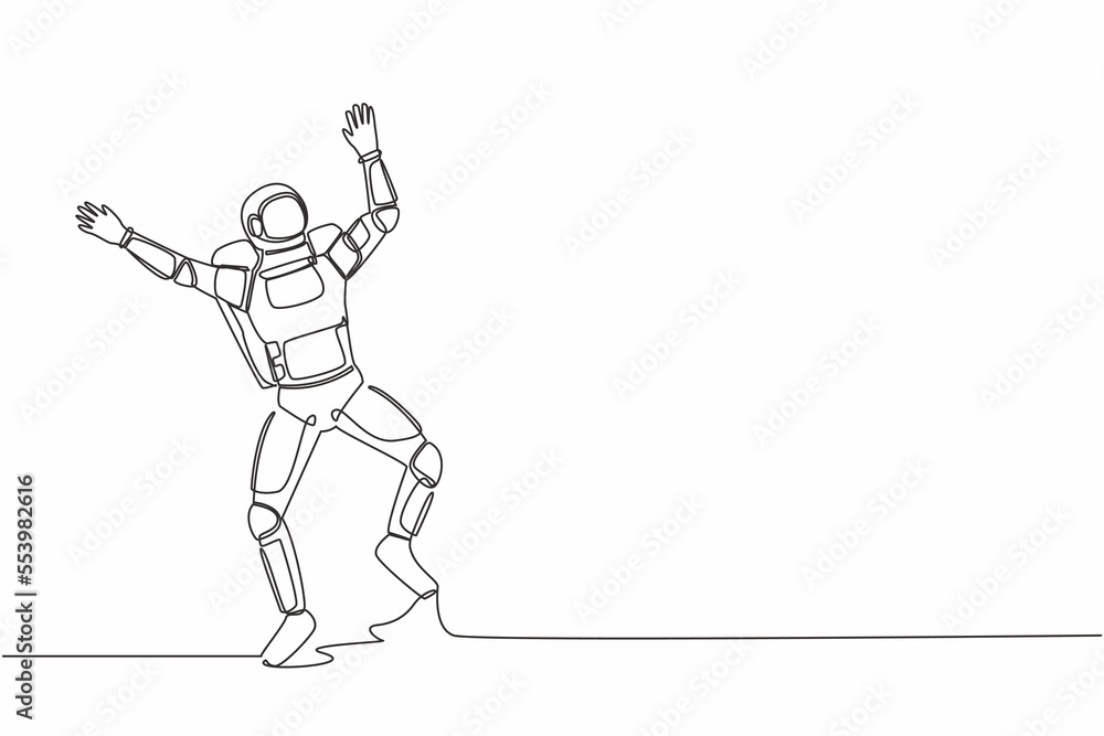 Poster single one line drawing happy astronaut jumping with both hands raised. successful in launching spac